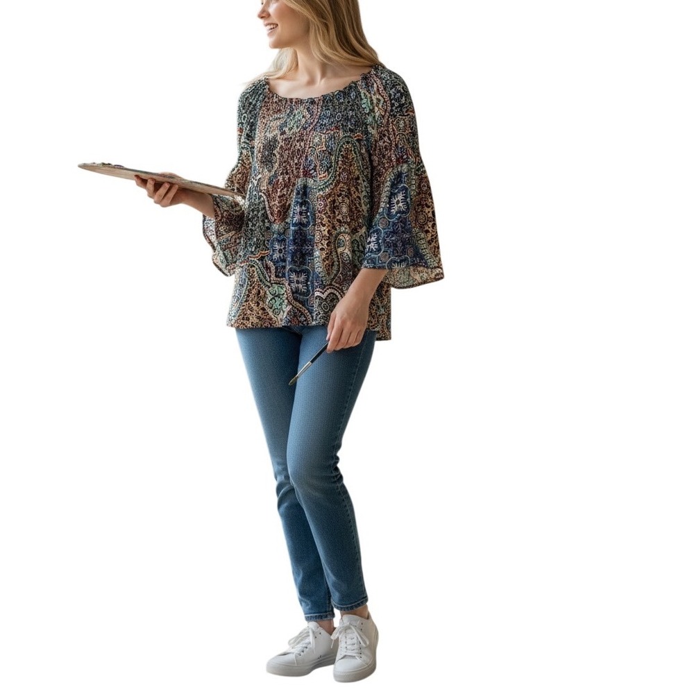 Spense Smocked Blouse Small Boho Cottagecore Romantic Bell Sleeve-Paisley Floral